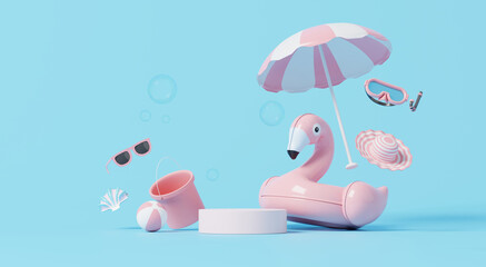 3D render, Podium for showing product on blue background with summer element beach umbrella, ball, and sunglasses, travel holidays scene. © TANATPON