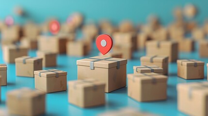Packages with location pins, concept of logistics and shipping, selective focus on one package, blue background 3D Illustration.
