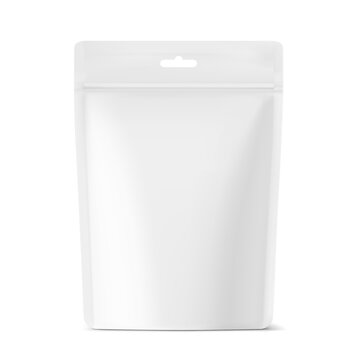Realistic stand up pouch bag with hang slot and zip lock mockup. Front view. Vector illustration isolated on white background. Ready for your design. EPS10.	