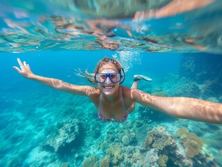 Naklejka premium A woman is swimming in the ocean wearing a snorkel and goggles