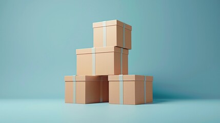 Fototapeta premium Stack of cardboard boxes in various sizes on a blue background, ideal for shipping, packaging, and storage concepts. 3D Illustration.