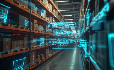 High-Tech Warehouse with Digital Interface Icons and Efficient Logistics System in Operation