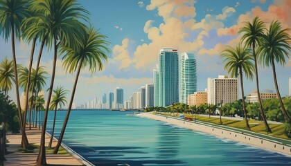 Obraz premium illustration miami beach by the sea with palm trees art design