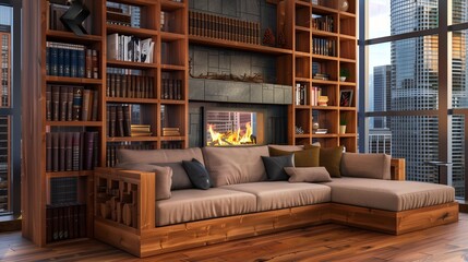 Stylish wooden home living room interior with sofa and fireplace, shelf partition with books and decoration. Lounge zone with panoramic window on skyscrapers. 3D ing