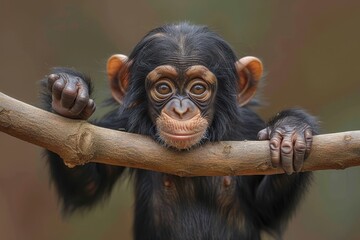 Obraz premium Baby Chimpanzee: A curious baby chimpanzee, hanging from a tree branch by one arm, with a mischievous expression.
