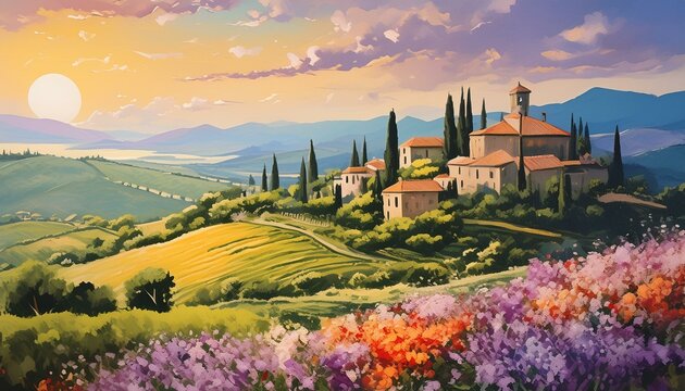 Romantic rural landscape with vineyards, farms, meadows, fields and trees, italy toscany art design