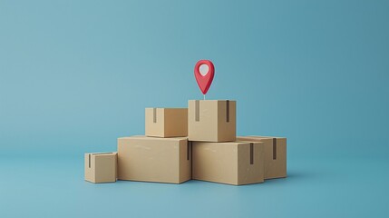 Stacked cardboard boxes with a location pin symbolizing delivery and logistics on a blue background. Concept of shipping and packaging. 3D Illustration.