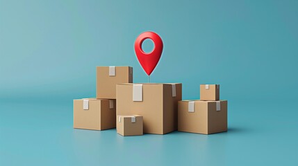Obraz premium Stacked cardboard boxes with a red location pin on a blue background representing delivery, logistics, and shipping services. 3D Illustration.