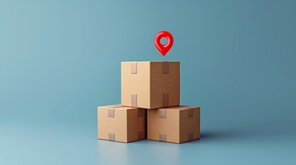 Fototapeta premium Stacked cardboard boxes with a red location pin symbol. Concept of logistics, shipment, and delivery service. 3D Illustration.