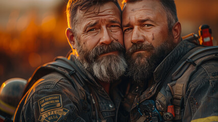 Fototapeta premium two big very obese chubby firefighter with a short beard hugging and kissing,generative ai