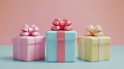 Fototapeta premium Three beautifully wrapped presents with bows in pastel colors against a pink and blue background, perfect for any celebration. 3D Illustration.