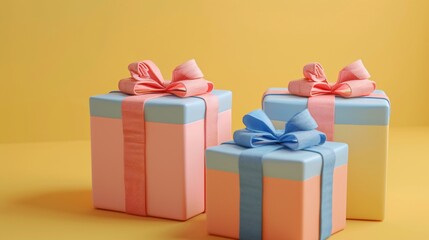 Obraz premium Three beautifully wrapped presents with pink and blue ribbons on a bright yellow background, perfect for celebrations and festive occasions. 3D Illustration.
