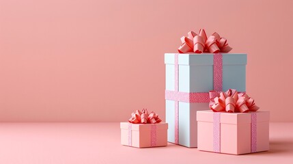 Obraz premium Three decorative gift boxes wrapped in pink and blue paper with bows against a pink background, perfect for celebrations and festive occasions. 3D Illustration.