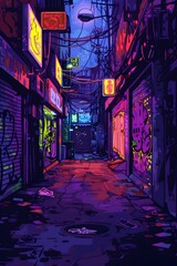 Neon Drenched Dystopian Alleyway with Graffiti Covered Walls and Moody Lighting