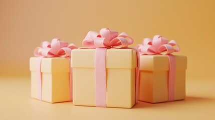 Obraz premium Three pastel-colored gift boxes with pink ribbons arranged neatly on a yellow background. Perfect for celebrations and festive occasions. 3D Illustration.