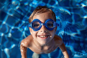 Naklejka premium A young boy is smiling and wearing goggles while standing in a pool