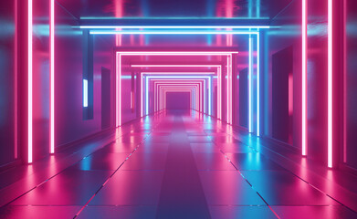 Fototapeta premium A Long, Vibrant Neon-Lit Hallway Illuminated with Colorful Lights