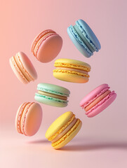 Multicolored macaroon cookies are levitating. Light pastel colors, pink, yellow, blue and green macaroons. Pastries, sweets. A sweet delicious dessert, cookies with almonds. Pink background.