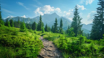 Hiking trail through verdant green hills in mountains