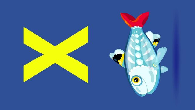 X letter big color x-ray fish vertical cartoon animation. Animal loop. Educational serie with bold style character for children. Good for education movies, presentation, learning alphabet, etc...