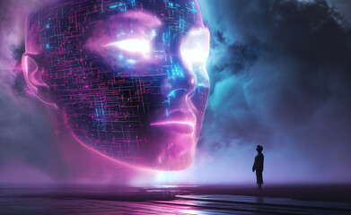 Obraz premium Giant glowing AI head with red eyes in a misty landscape with a small human figure.