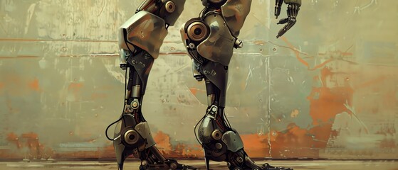 Close-up of robot legs with high heels in a futuristic industrial setting.