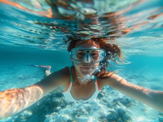 Fototapeta premium A woman is swimming in the ocean wearing a snorkel and goggles