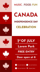 Canada Day celebration background suitable for promotion advertising, greeting card, poster, and story template. Canada Independence Day story template, background, poster, flyer.