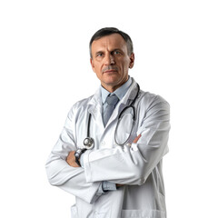 Fototapeta premium Confident doctor in white coat isolated on transparent background, suitable for medical articles, healthcare services, and professional branding