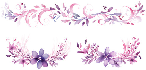 Set of feminine watercolor purple floral with twisted branches. Delicated landscape, decorative borders. Illustration for greeting cards, invitations, message card, save the date cards