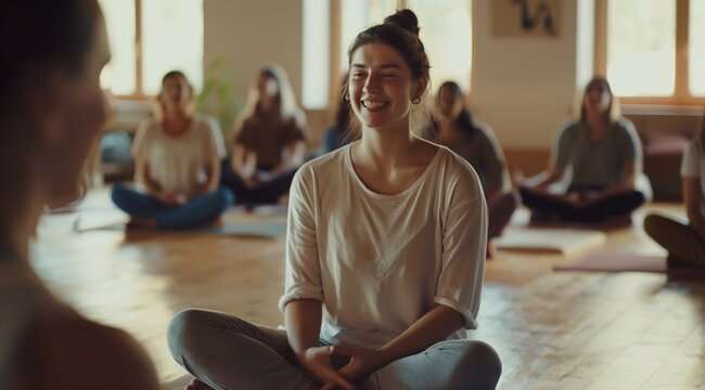 Young happy female yoga coach training group class yoga meditation session sitting in studio talking to community teaching people during retreat mind body health therapy