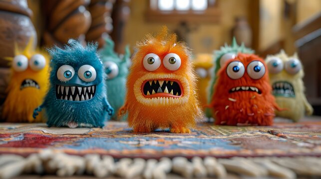 Close up of menacing cartoon microbes infesting a grimy and dirty carpet surface in detailed view