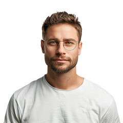 Obraz premium Serious man in white t-shirt isolated on transparent background, ideal for professional profiles, career articles, and fashion promotions