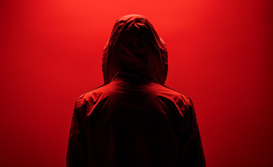 Silhouette of a hooded figure against a red background.