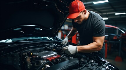 mechanic is doing the annual car inspection. Car repair shop is ready to serve. Car mechanic inspects car engine problems technical inspection engine safety Maintenance Changing the engine oil