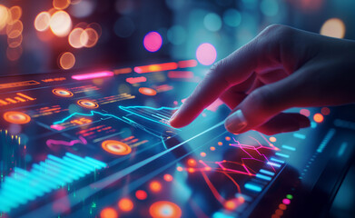 Hand interacting with a futuristic digital screen displaying stock market data and graphs.