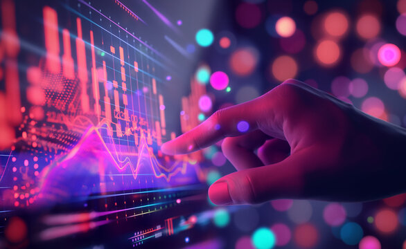 Hand interacting with a futuristic digital screen displaying stock market data and graphs.