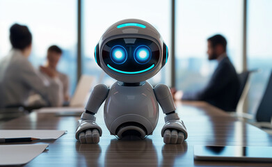 Cute robot with a digital face at a business meeting.
