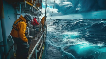 A rugged fishing boat cuts through turbulent ocean waves under a dramatic overcast sky, showcasing...