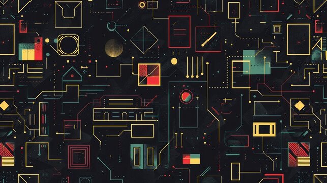 The image is a circuit board with many electronic components on it. The colors of the components are red, yellow, blue, and green. The background is black.