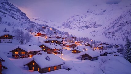 A charming snow-covered village glowing warmly in the evening's embrace