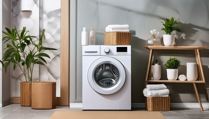 Waschmaschine steht in einem Waschraum - sauber und aufgeräumt