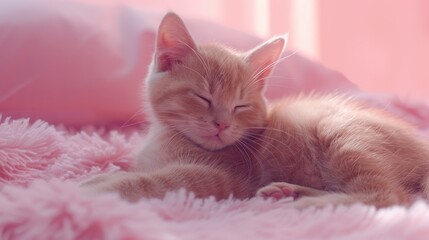 Obraz premium Cat resting on pink background in the morning with front view