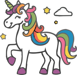 Adorable Cartoon Unicorn with Rainbow Mane and Tail - Vector Illustration