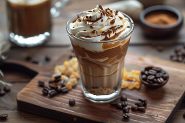 Iced caramel latte coffee in a tall glass with syrup and whipped cream. Ice cappuccino with whipped cream, Frappe.