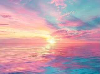 Fototapeta premium Stunning high resolution photographs of the sunrise over the sea, emphasizing and conveying the purity of emotions, volumetric light, shimmering colors of pink, turquoise and gold, colored highlights,