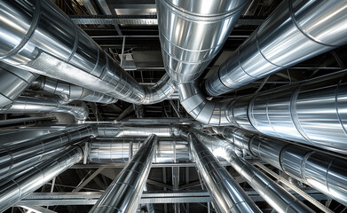 Network of industrial metal pipes and ducts in a modern facility.