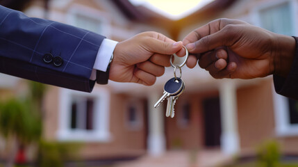 Two Hands Exchanging Keys In Front Of A Newly Purchased House