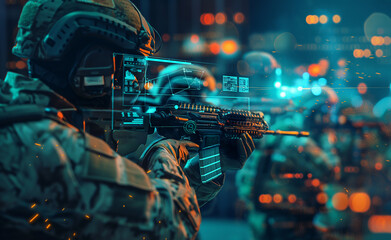 Military personnel in tactical gear aiming rifles in a high-tech environment.