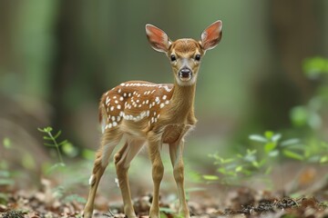 Fototapeta premium Baby Deer: A delicate baby deer, or fawn, with white spots on its back, standing in a serene forest glade. 